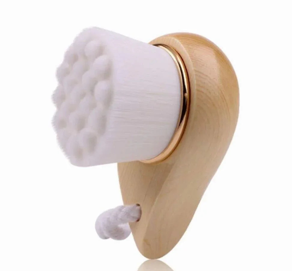 Wood handle facial cleansing brush with ultra-soft white bristles, eco-friendly gift at Qu!rk Boutique