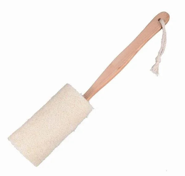Long wooden bath brush with white loofah sponge and hanging rope loop