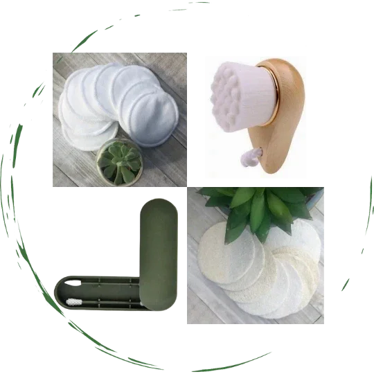 Reusable cotton rounds, facial brush, and sustainable skincare accessories from Qu!rk Boutique.