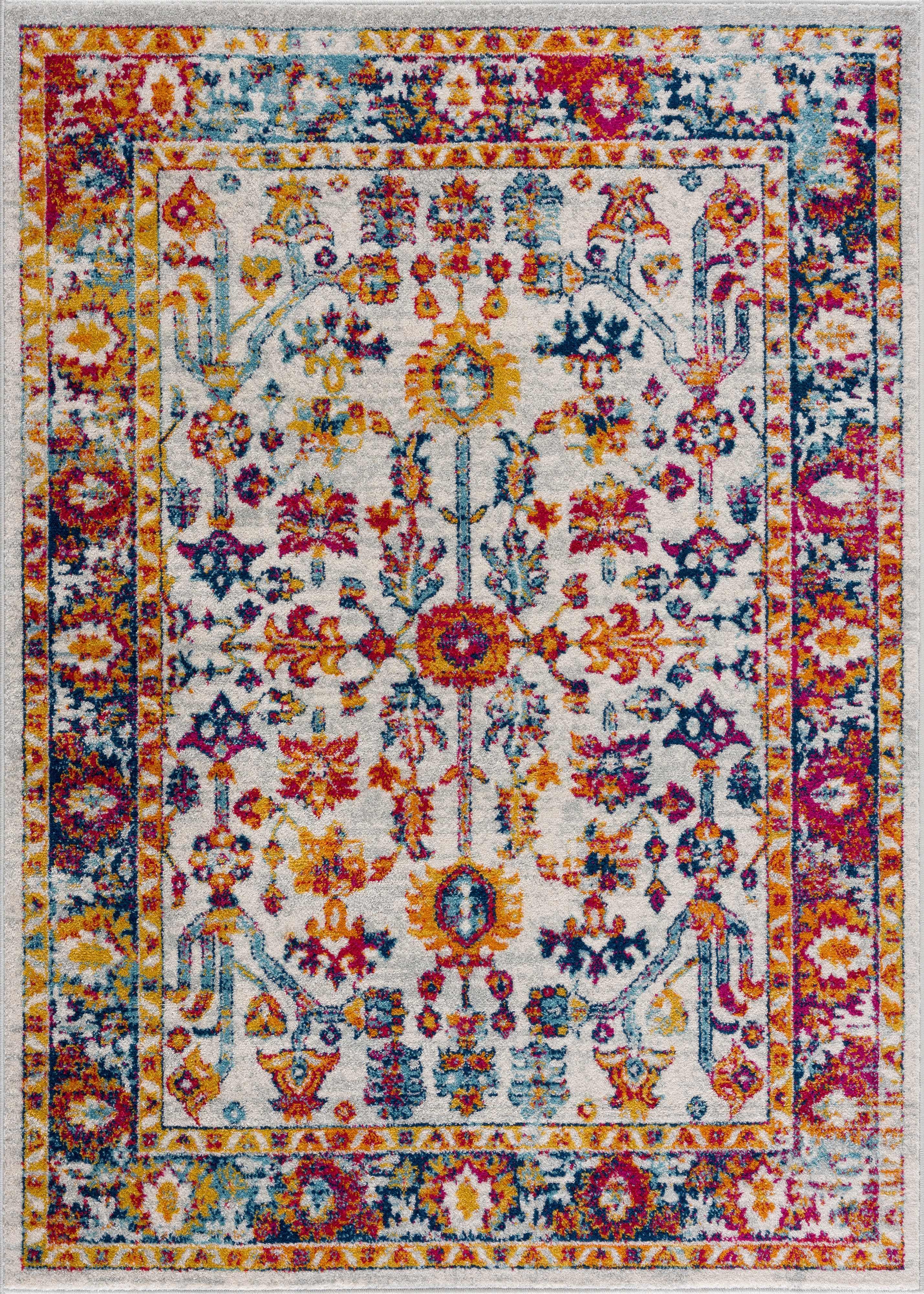 Colorful Persian-style area rug with bold floral and geometric patterns from Qu!rk Boutique