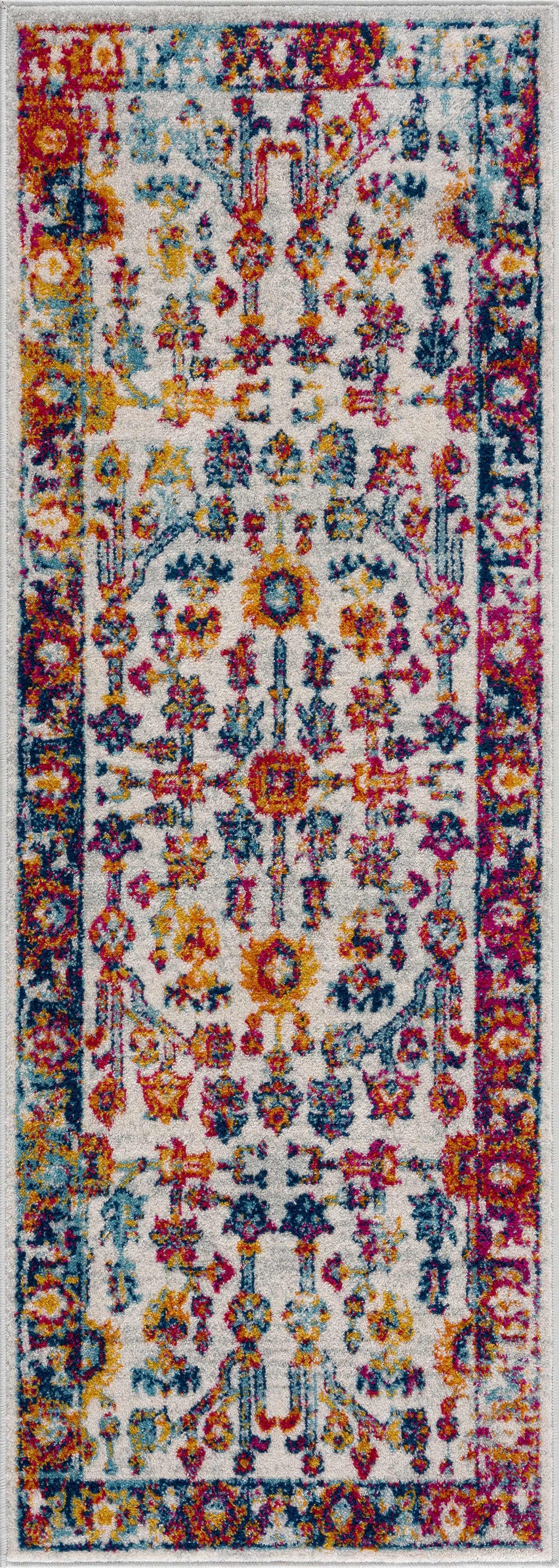 Colorful vintage-inspired runner rug with floral motifs, artist-designed from Qu!rk Boutique
