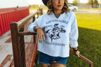 Saddle Oiled Raw Hem V-Neck Graphic - Qu!rk Boutique