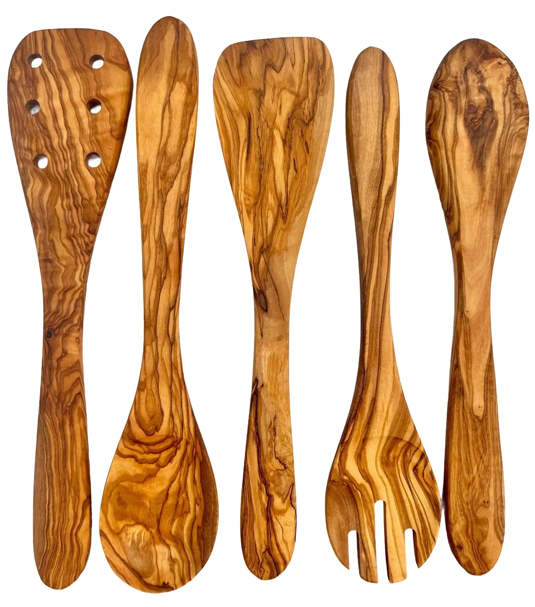 Set of five handcrafted olive wood kitchen utensils with distinct grain patterns