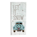 Vintage blue car with holiday wreath and red bow, rustic wooden sign with Let It Snow text