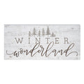 Rustic wooden sign with Winter Wonderland text and pine tree silhouettes