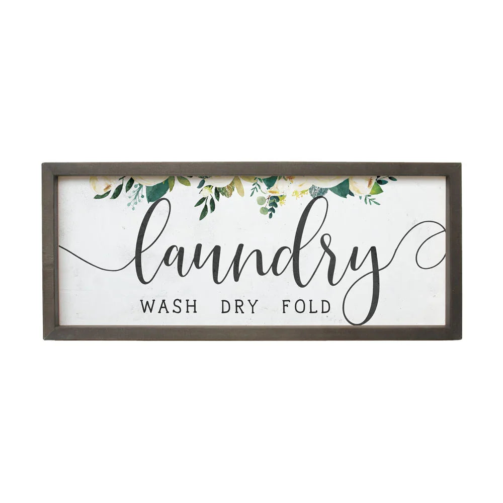 Framed laundry room sign with floral design, text reads wash dry fold in stylish script