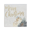 Rustic Christmas sign with gold lettering, two lit candles, pine cone, and evergreen branches