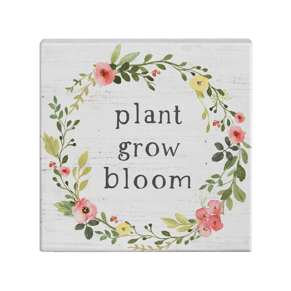Floral wood sign with 'plant grow bloom' quote, garden gift at Qu!rk Boutique & Gift Shop