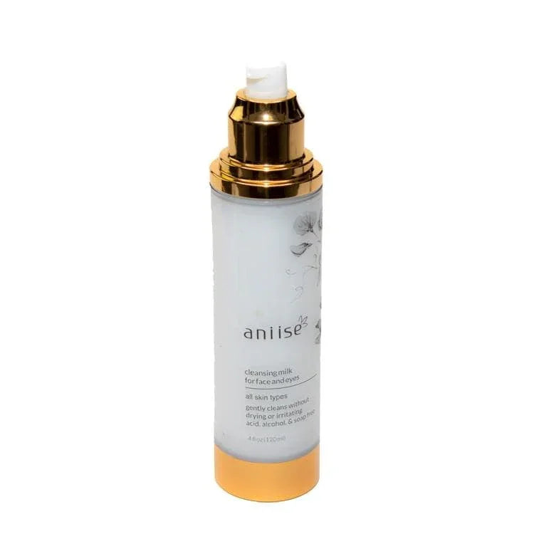 Aniise cleansing milk bottle with gold pump, gentle skincare for all skin types at Qu!rk Boutique