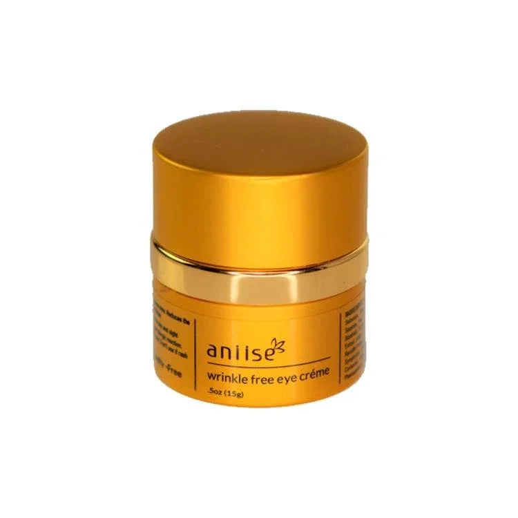 Gold Aniisē wrinkle free eye cream jar on white background from Qu!rk Boutique