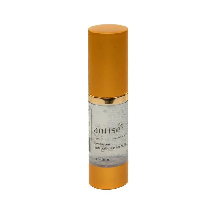 Anise eye serum anti puffiness formula in gold bottle on white background, Qu!rk Boutique