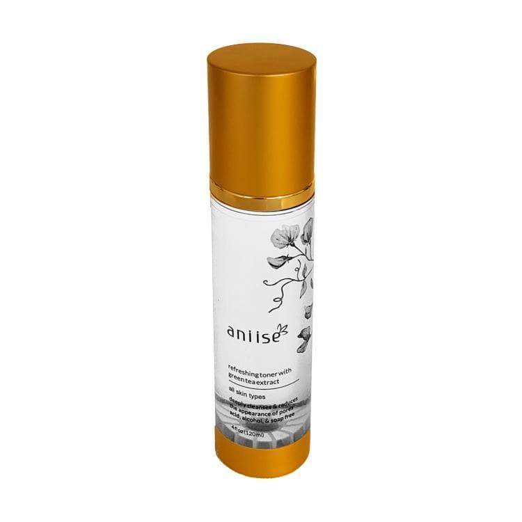 Aniise refreshing toner with green tea extract in a gold-capped bottle, skincare for all skin types