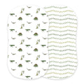 Two burp cloths with dinosaur and footprint patterns, artist-designed baby gift at Qu!rk Boutique