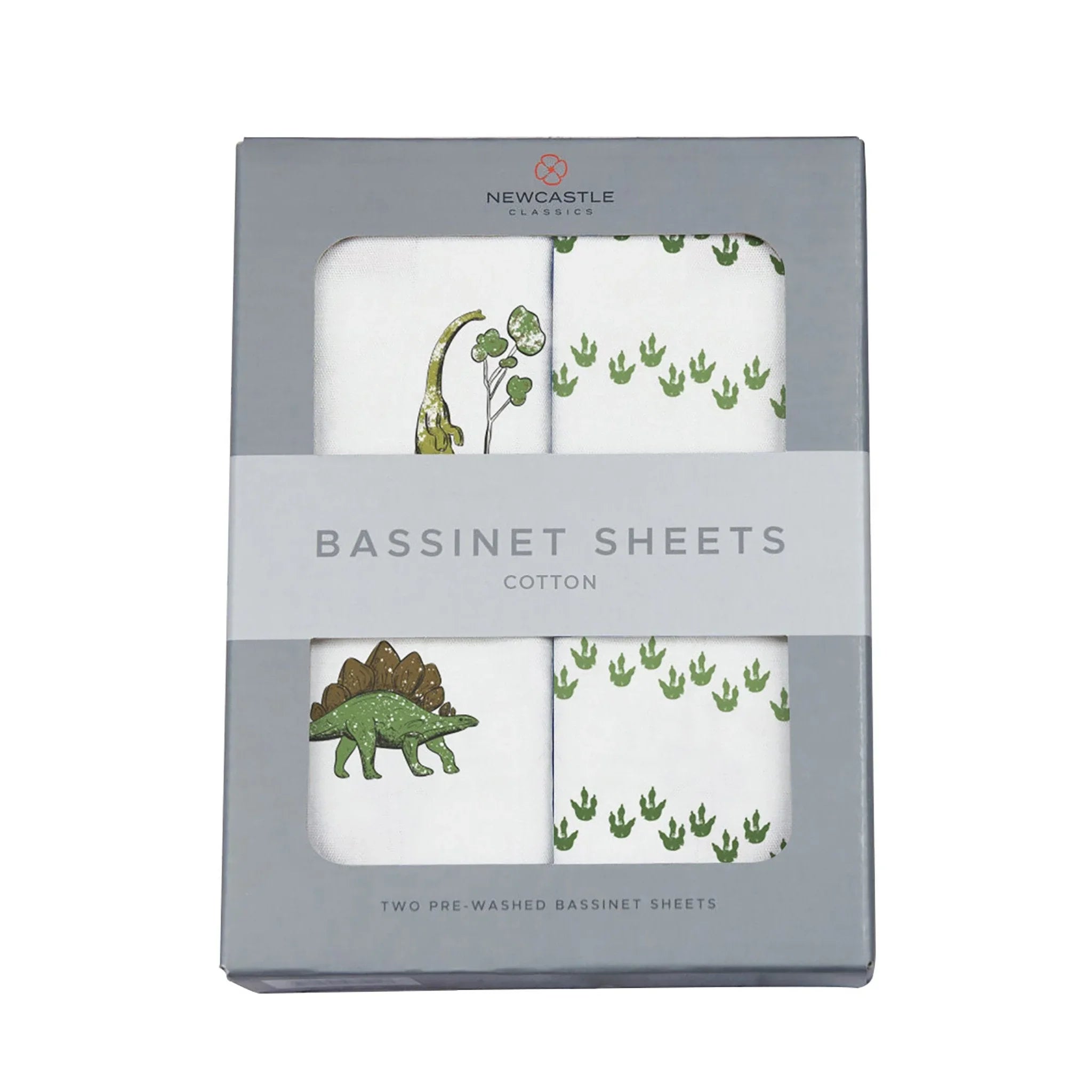 Newcastle Classics cotton bassinet sheets with green dinosaur and footprint prints in box