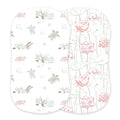 Set of two artist-designed swaddle blankets, one with sea turtles and coral, one with pink lotus flowers, from Qu!rk Boutique.