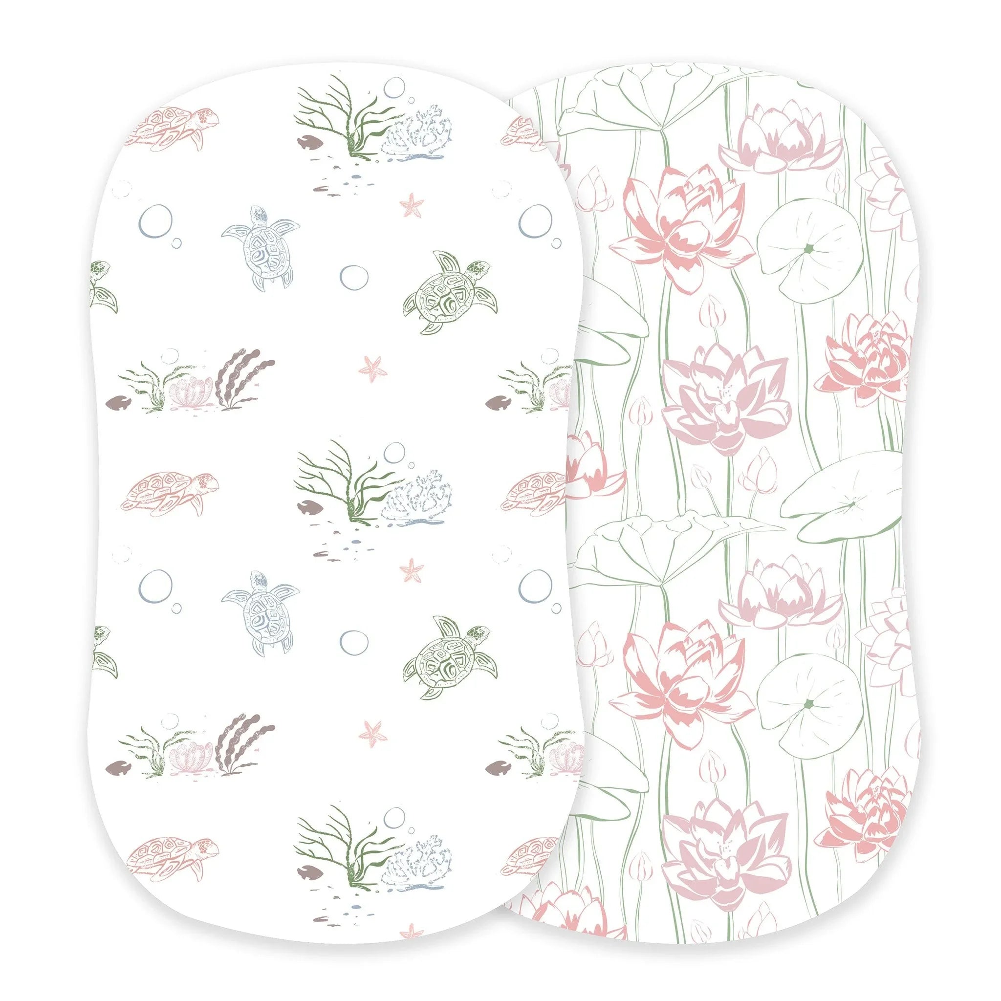 Set of two artist-designed swaddle blankets, one with sea turtles and coral, one with pink lotus flowers, from Qu!rk Boutique.