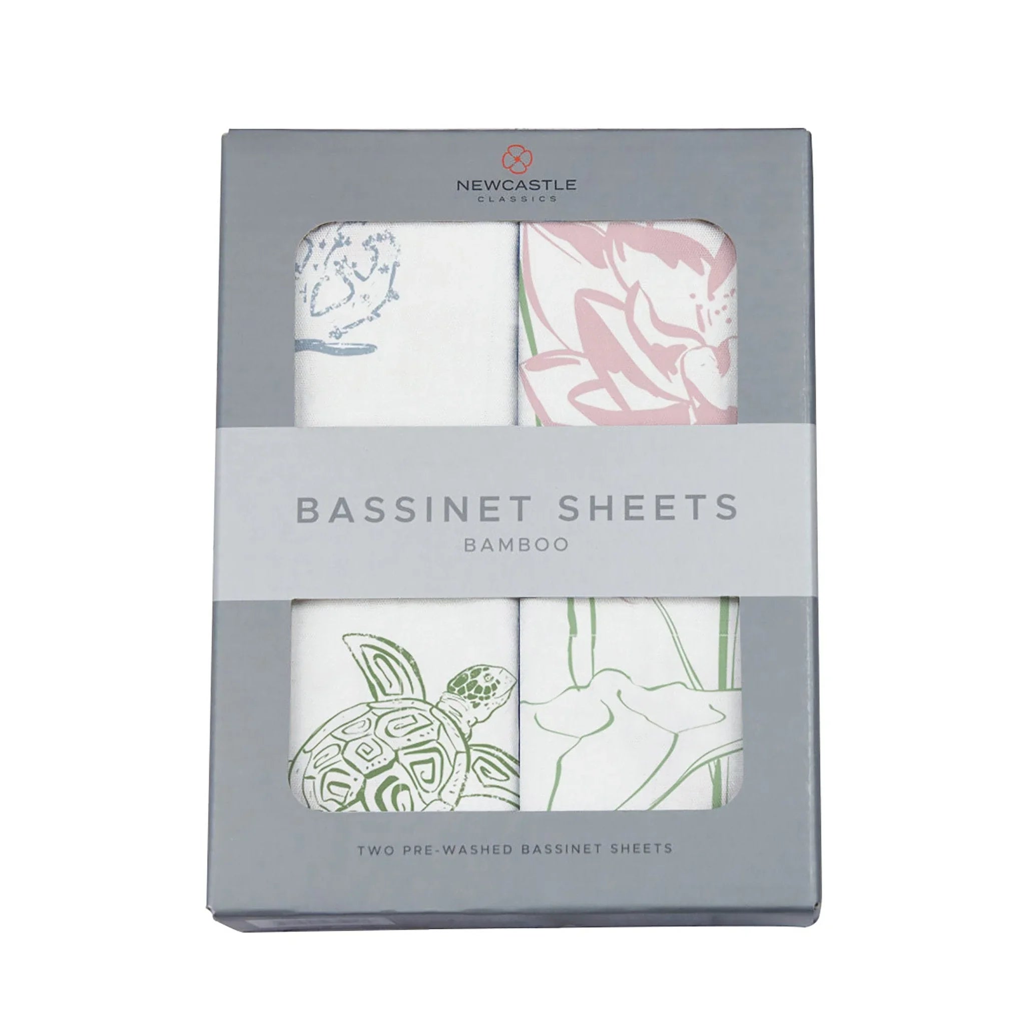 Newcastle Classics bamboo bassinet sheets in box with turtle and floral prints, sustainable baby bedding at Qu!rk Boutique