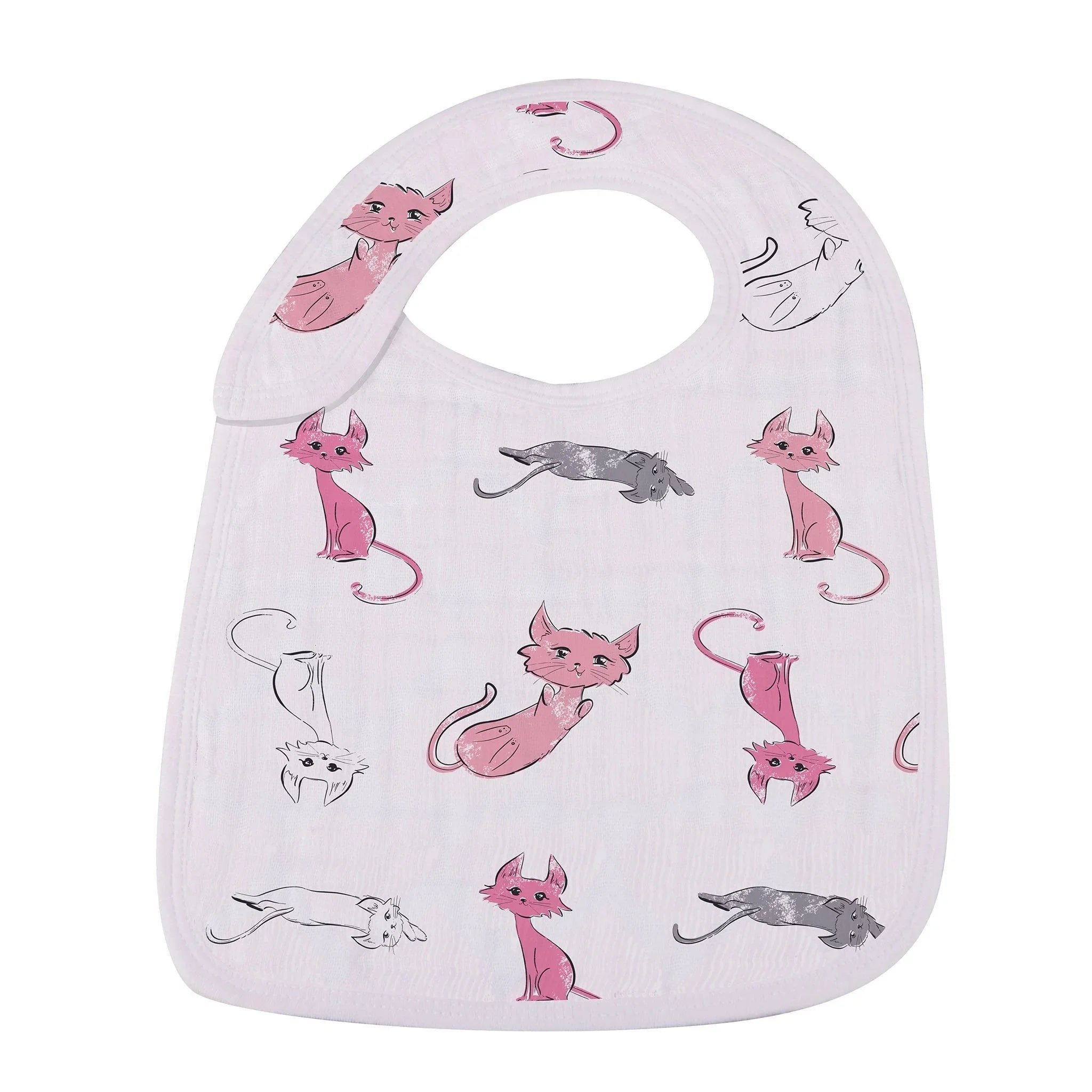 White baby bib with pink and gray cartoon cats, artist-designed, femme-fit accessory at Qu!rk Boutique