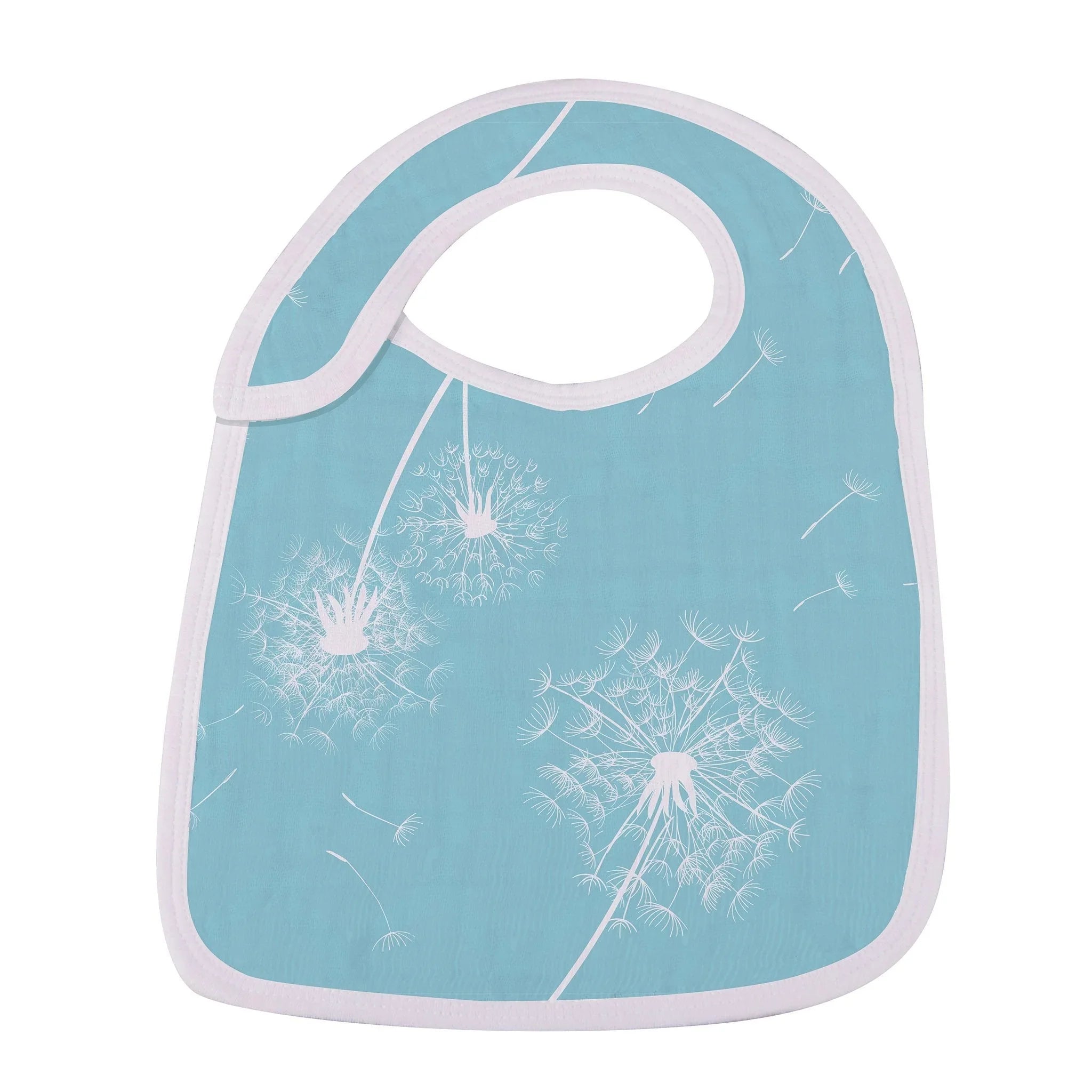 Blue baby bib with white dandelion print, artist-designed at Qu!rk Boutique.