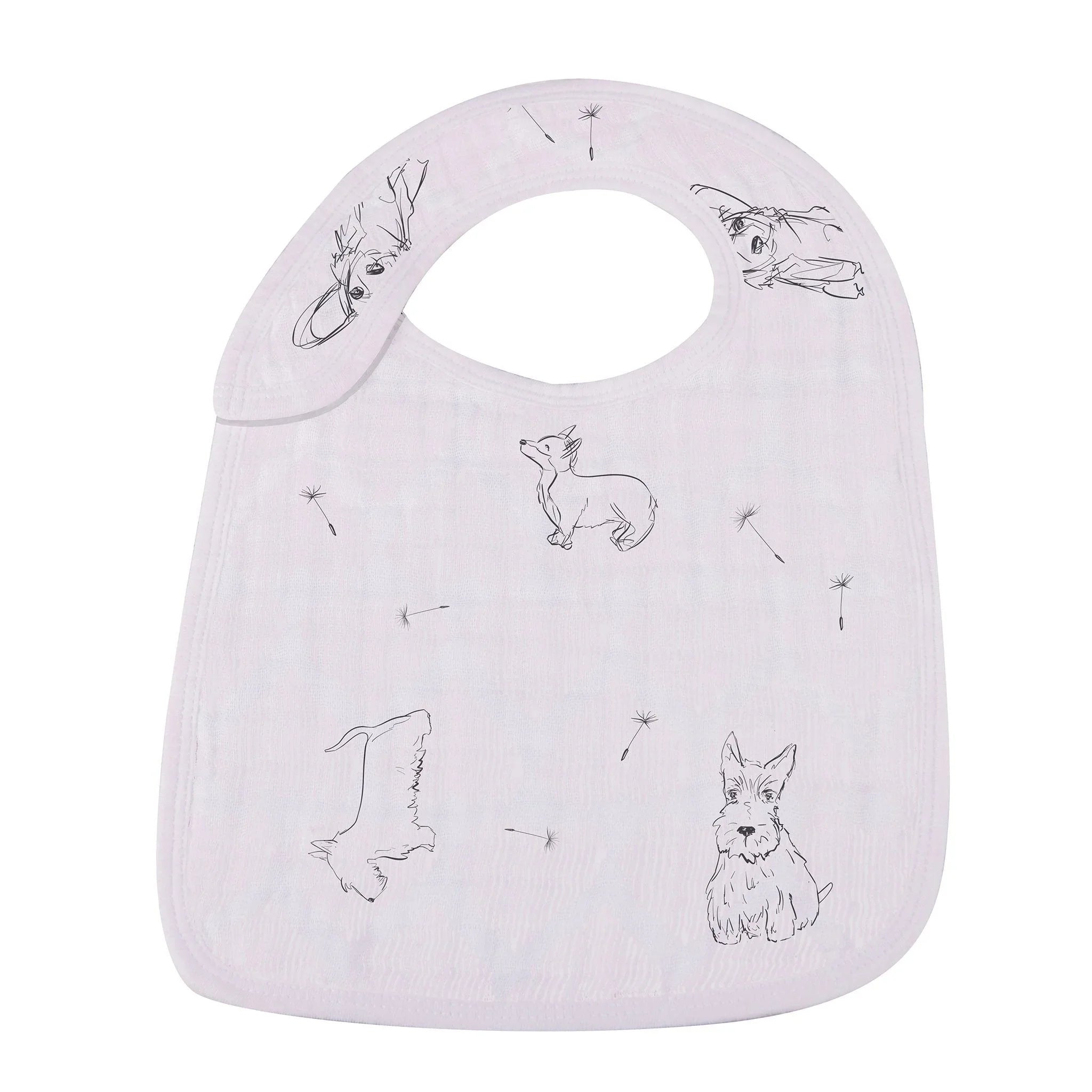 Pastel baby bib with hand-drawn dog illustrations and dandelion prints, Qu!rk Boutique