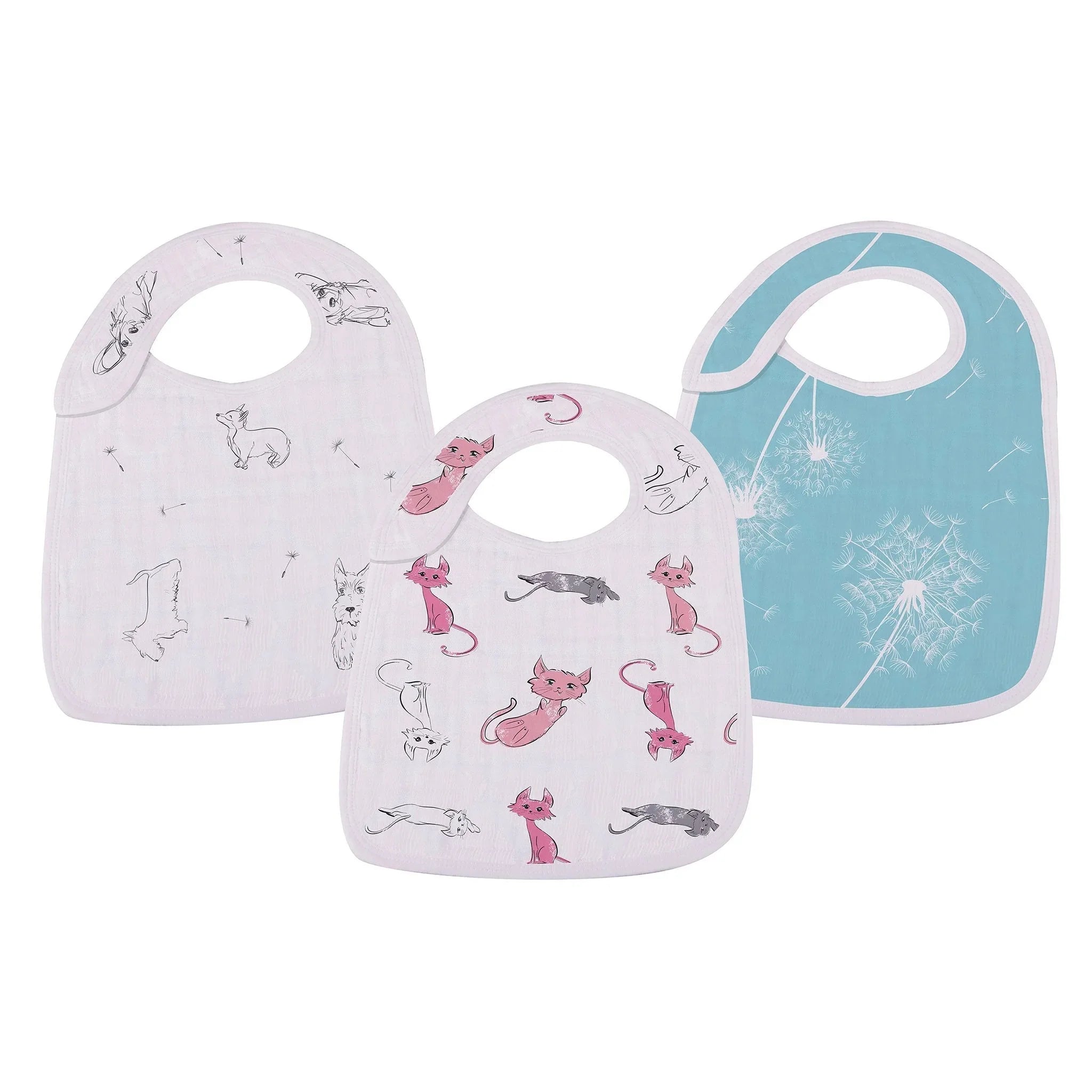 Set of three baby bibs with cat and dandelion designs, featured at Qu!rk Boutique