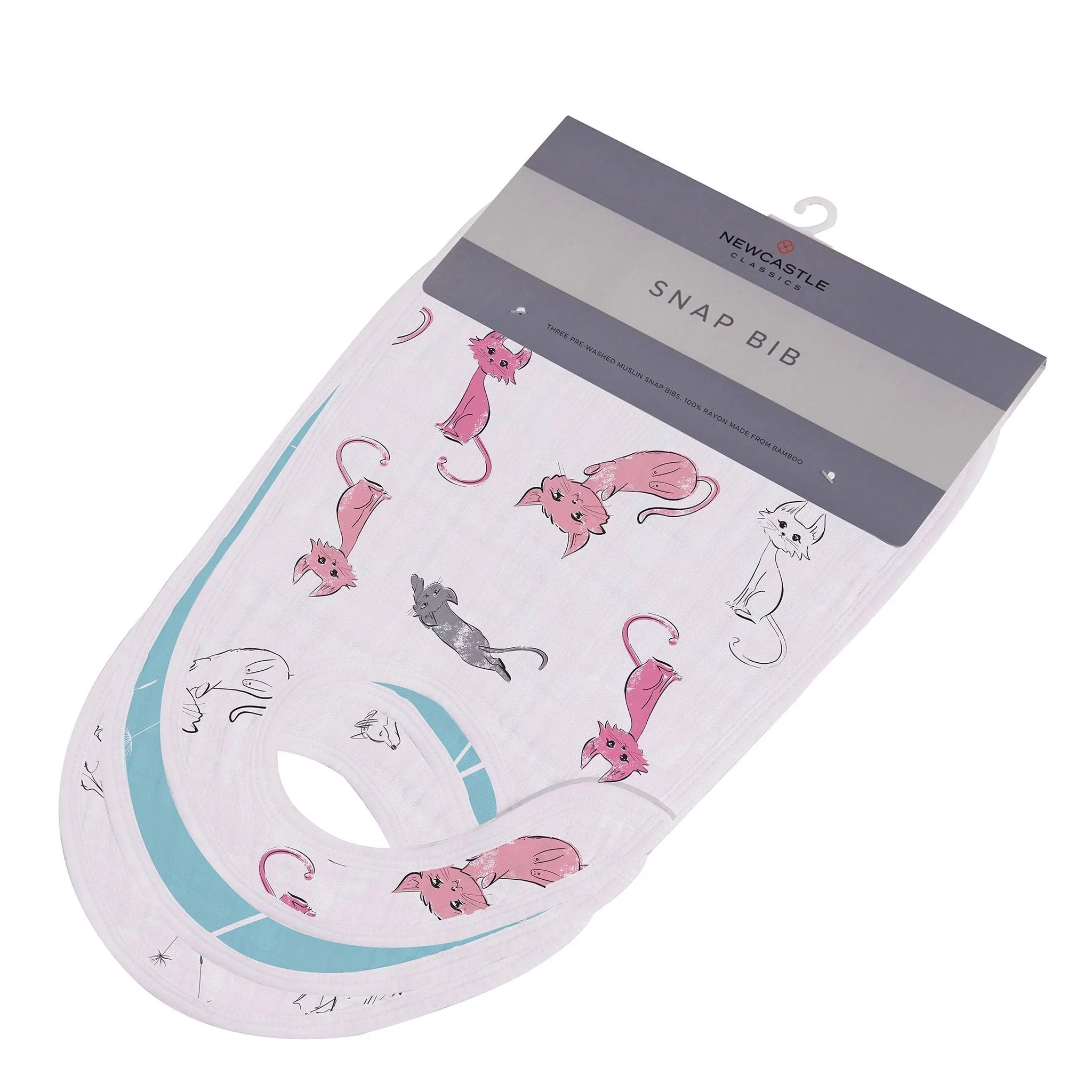 White muslin snap bib with playful pink and gray cat print, from Qu!rk Boutique