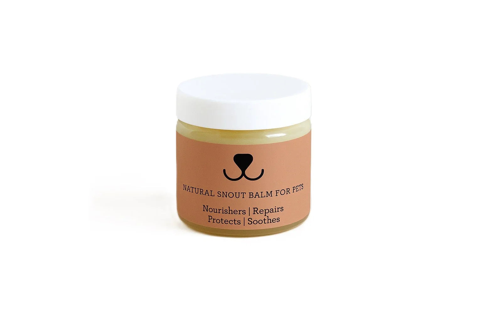 Jar of natural snout balm for pets with white lid and brown label on white background