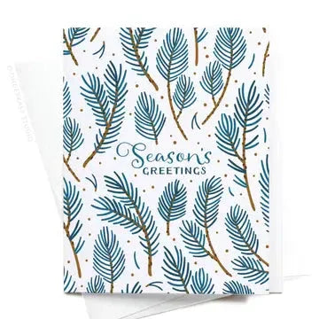 Season's Greetings card with blue spruce branches and gold accents on white background