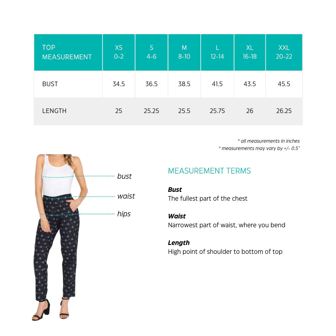 Women's top size chart with bust and length measurements in inches, and diagram showing how to measure bust, waist, and hips for Qu!rk Boutique.