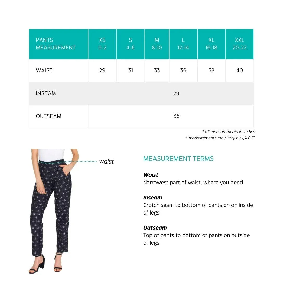 Starry organic pants size chart with measurements, model wearing navy star print pants from Qu!rk Boutique