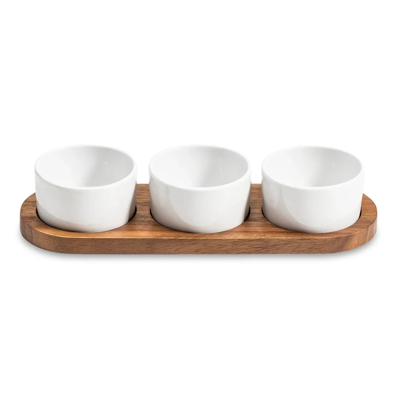 Three white ceramic bowls on a wooden tray, modern kitchenware from Qu!rk Boutique