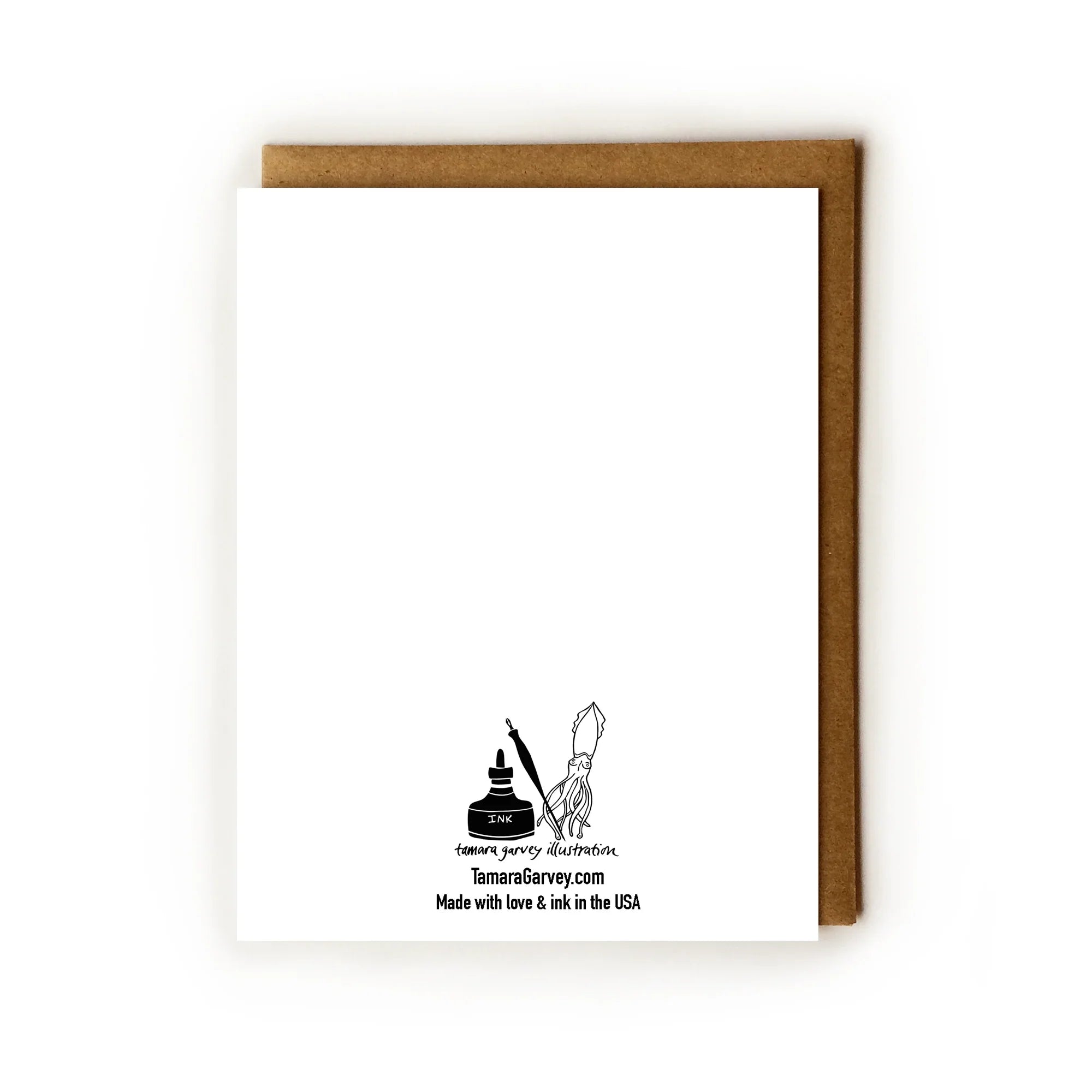 Blank white card with brown envelope featuring ink bottle, pen, and squid illustration logo