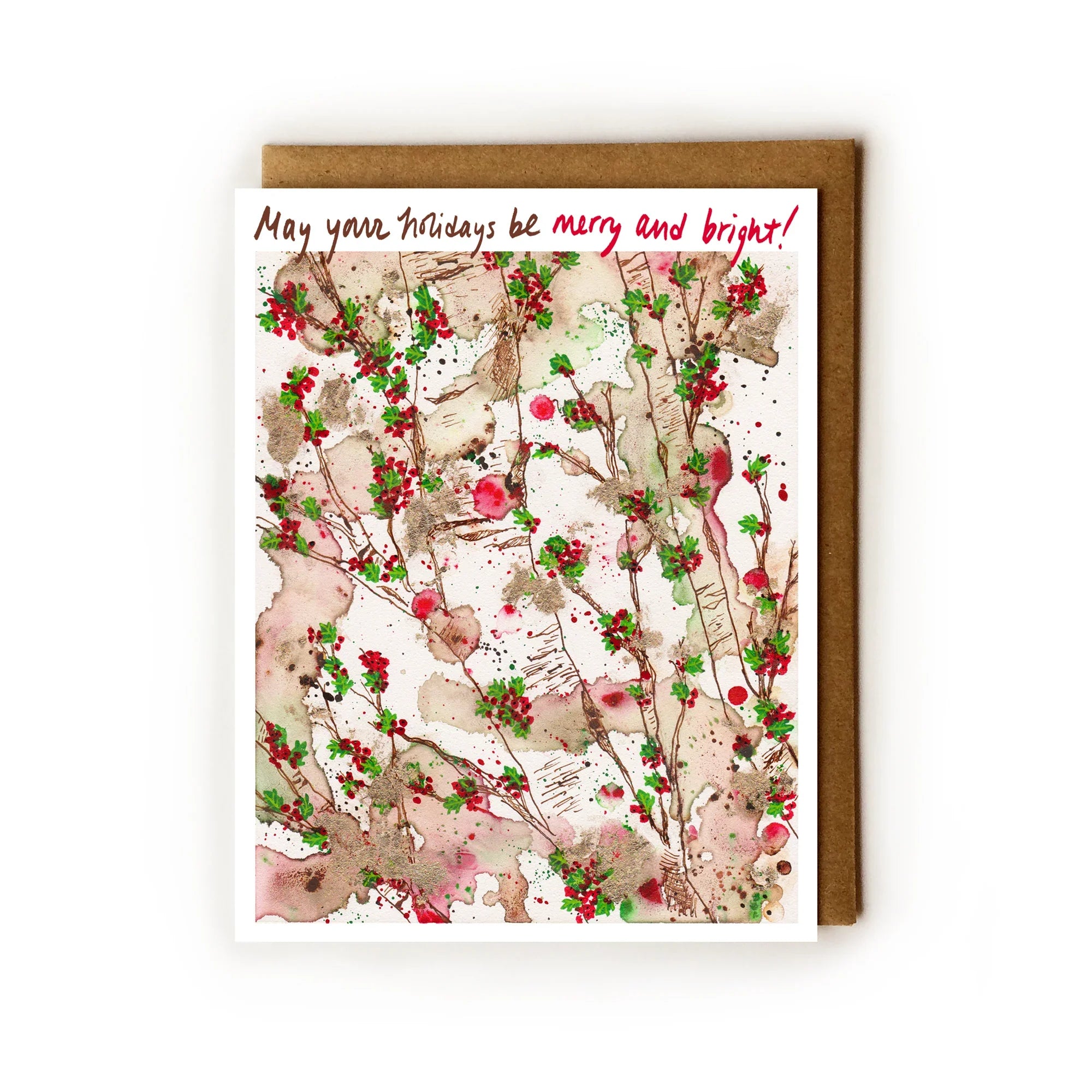 Holiday greeting card with red berries, green leaves, and brown birch tree branches watercolor illustration