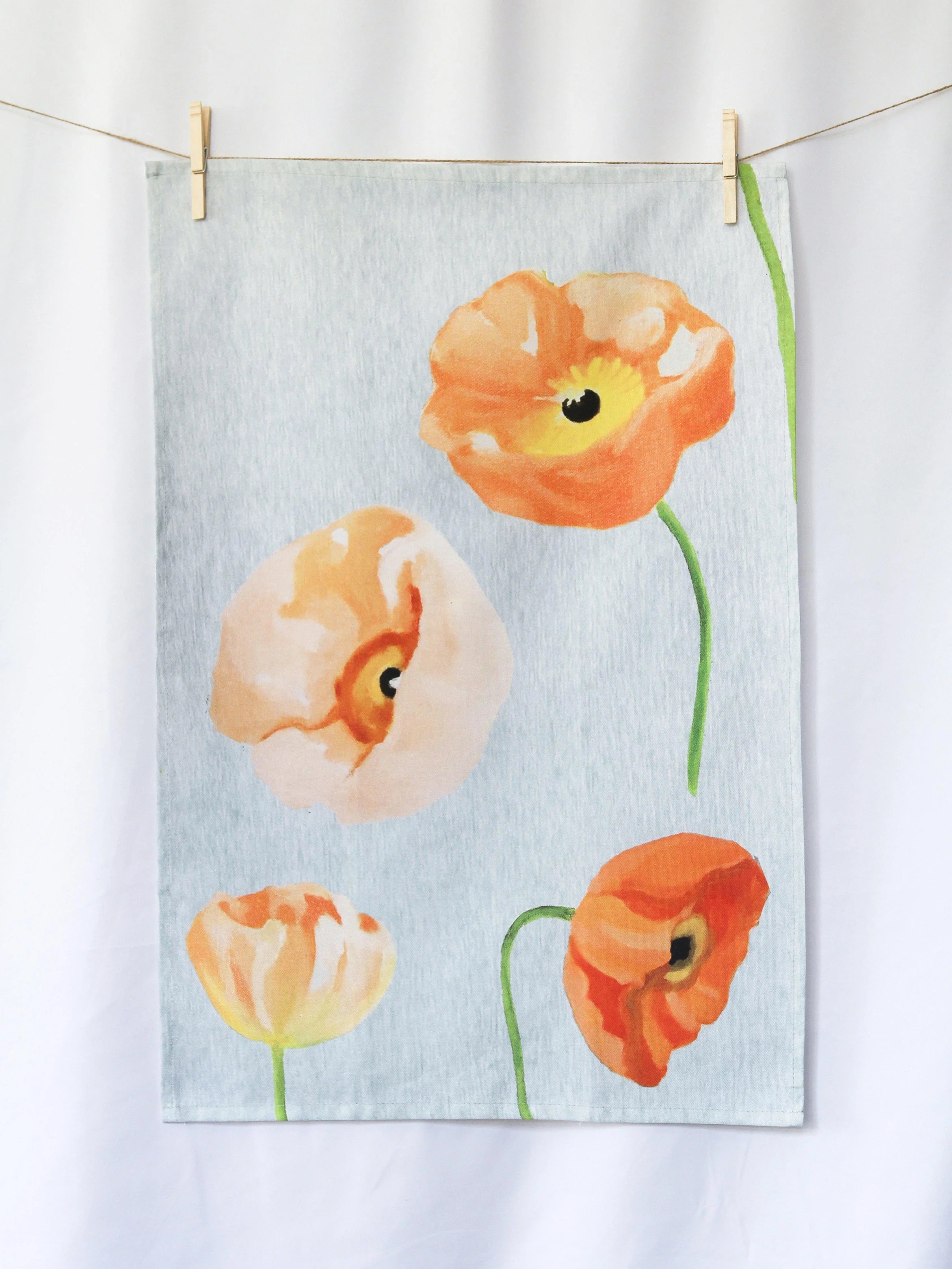 Tea towel with peach poppy flowers on grey, botanical kitchen decor, Qu!rk Boutique