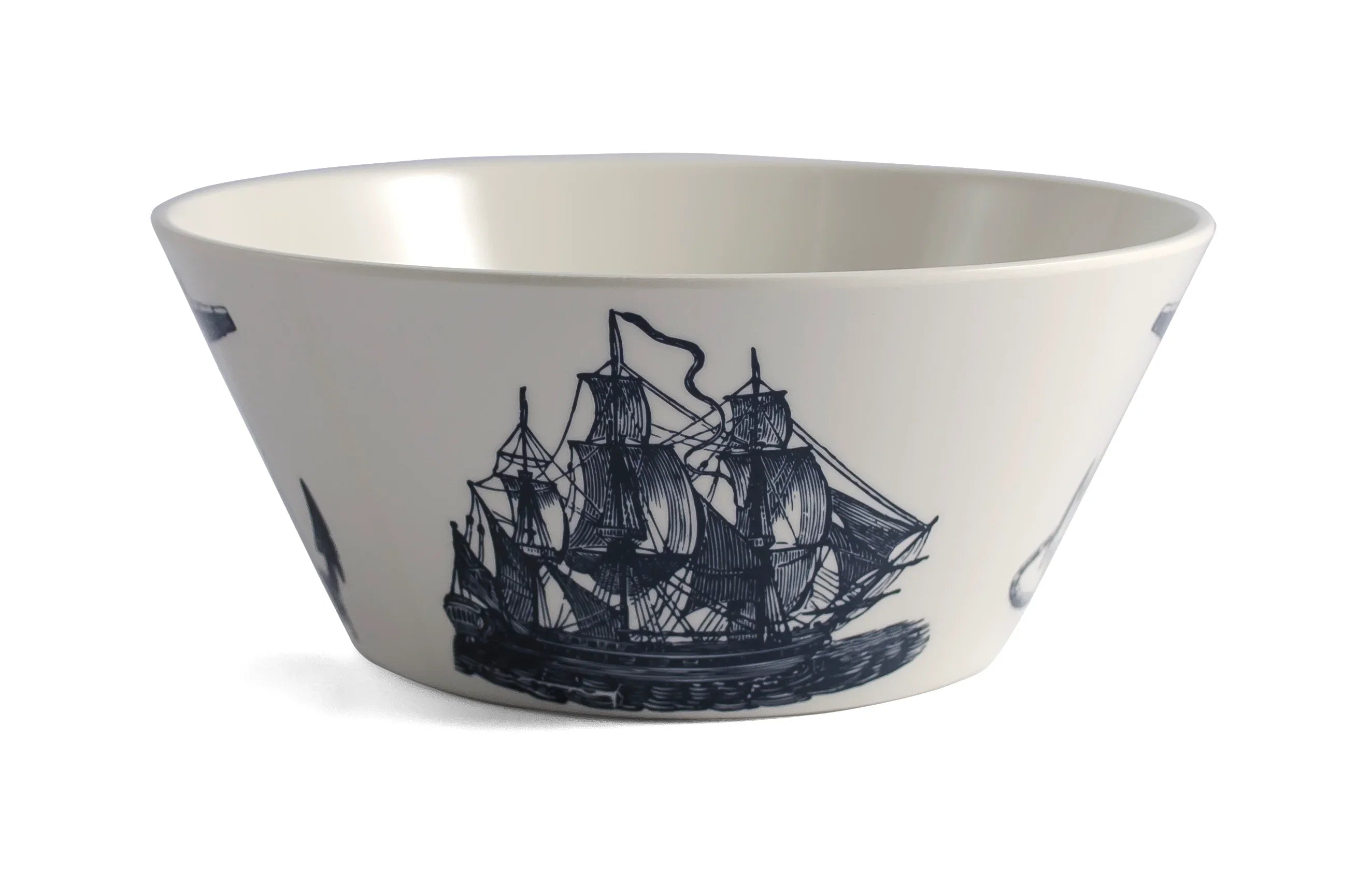 White bowl with blue sailing ship illustration, artist-designed at Qu!rk Boutique