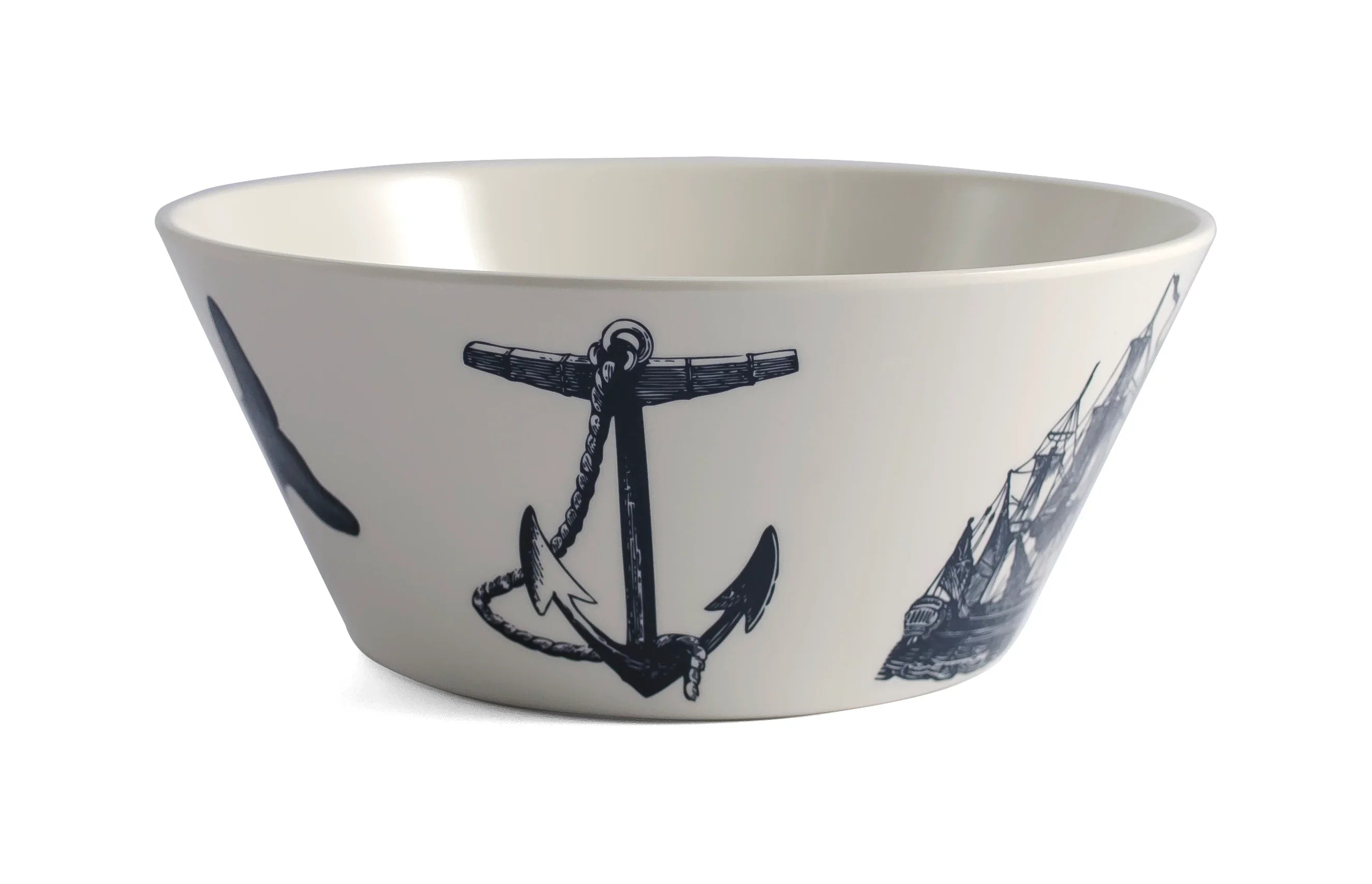 White ceramic bowl with navy nautical anchor and ship illustrations, Qu!rk Boutique giftware