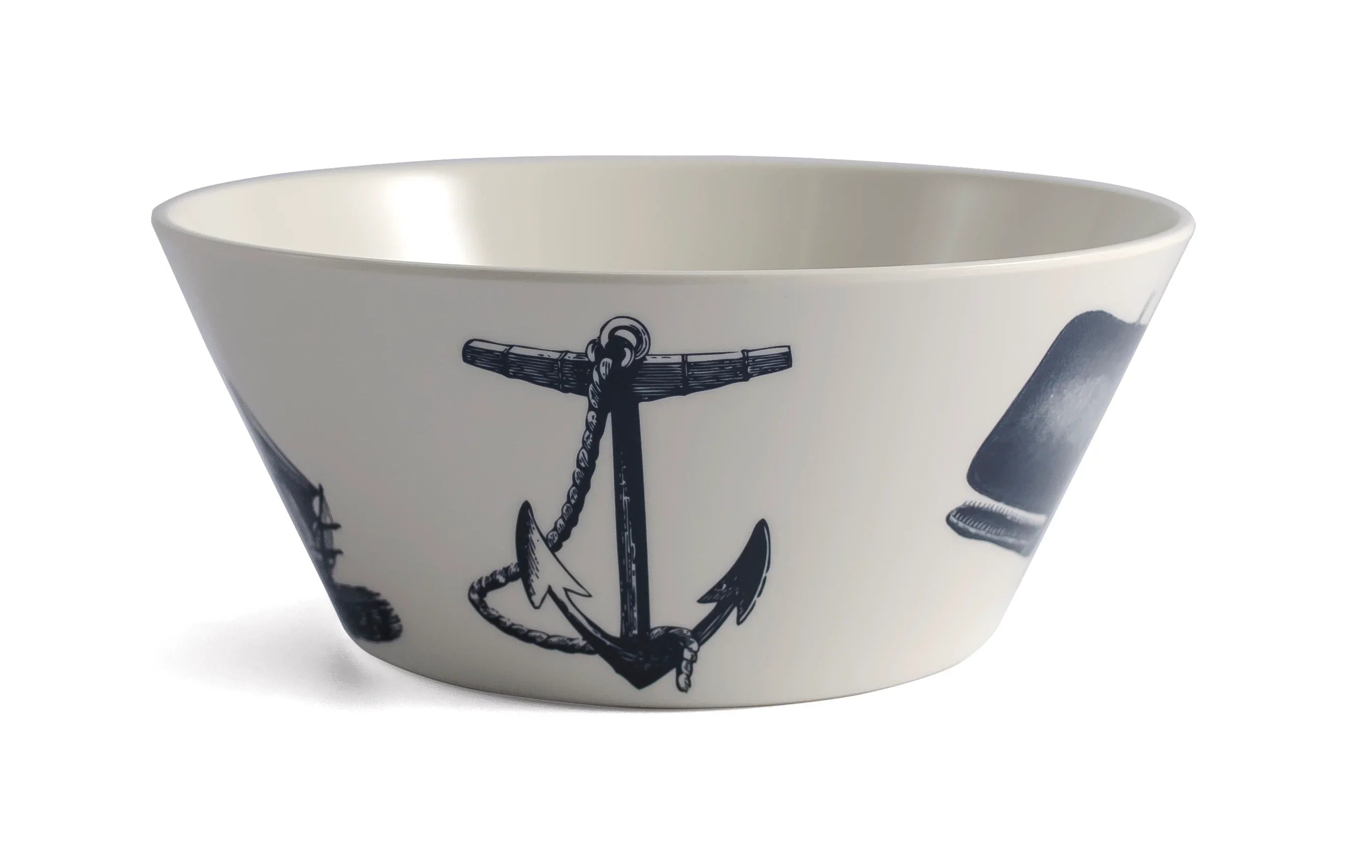 White bowl with black anchor and nautical prints, artist-designed from Qu!rk Boutique