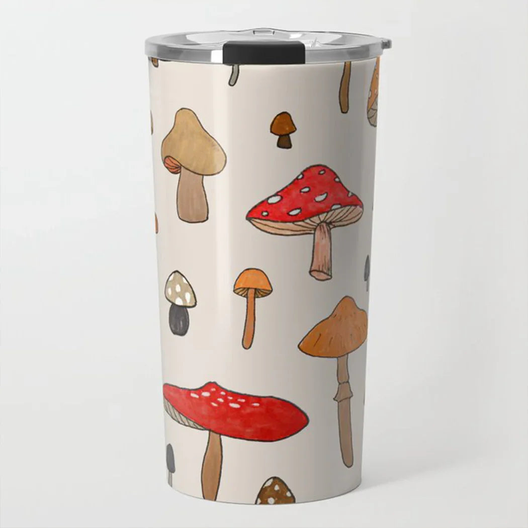 Tall travel tumbler with colorful hand-drawn mushroom pattern and silver lid