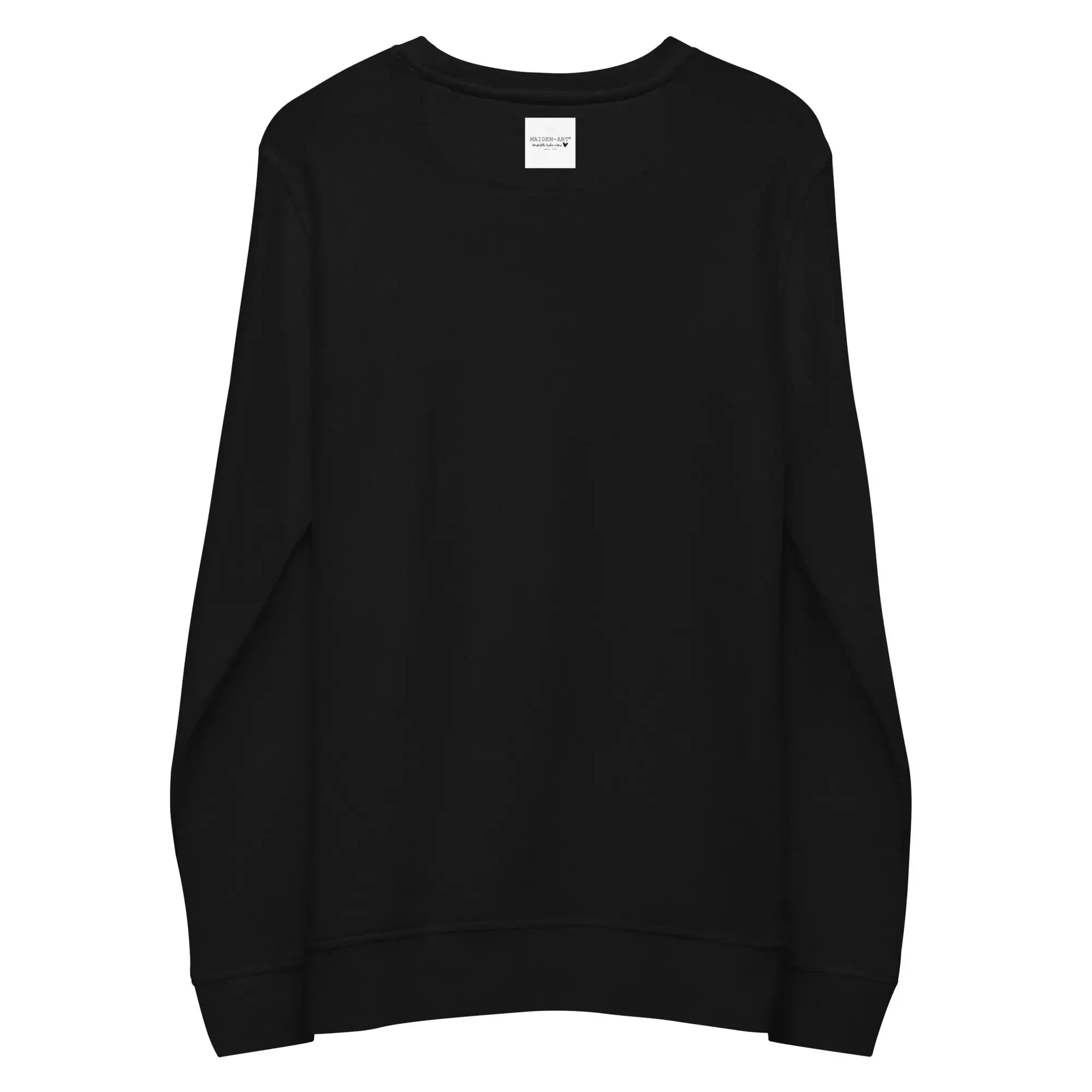 Back view of unisex black organic cotton sweatshirt with long sleeves and crew neck