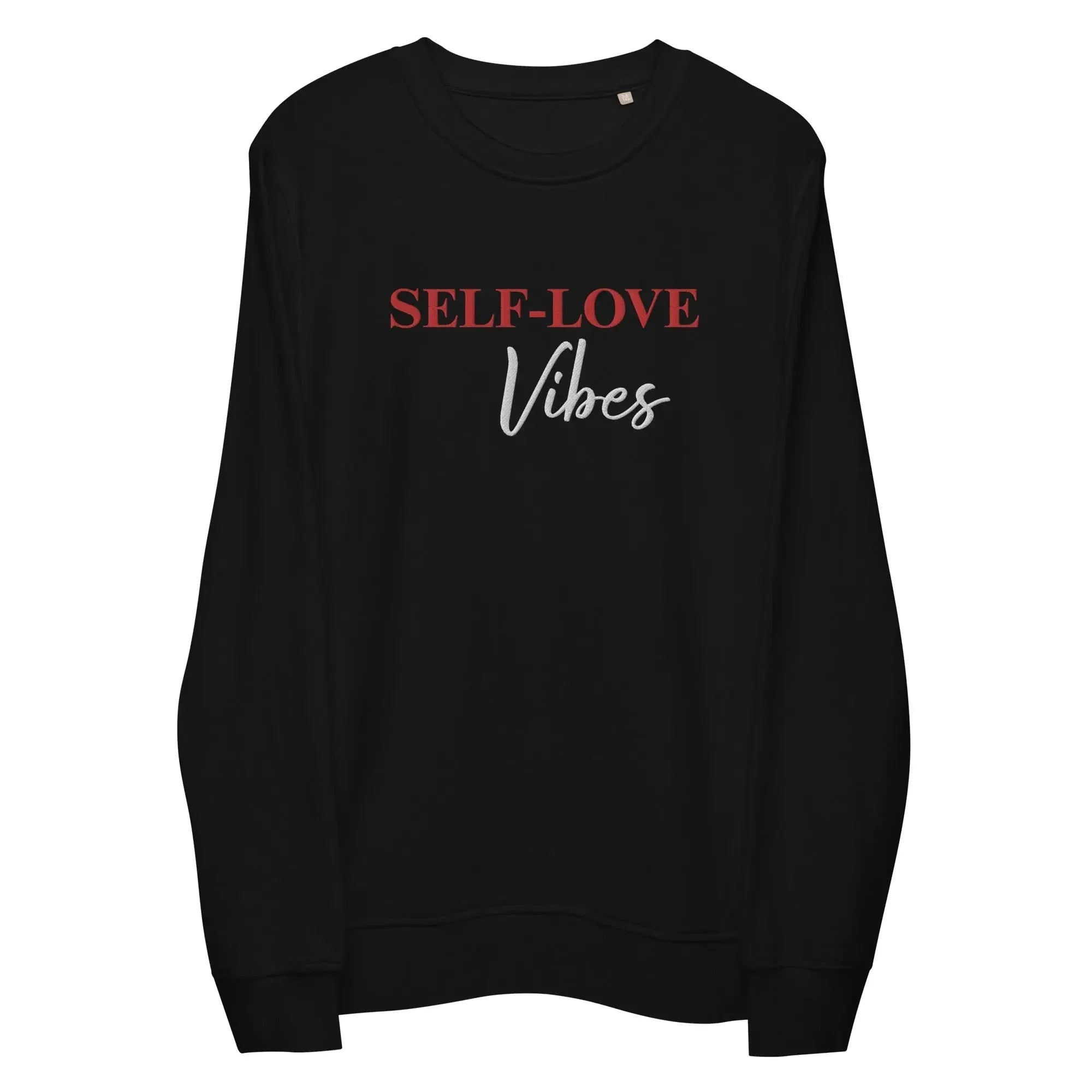 Black unisex organic sweatshirt with red and white text reading 'SELF-LOVE Vibes' on front