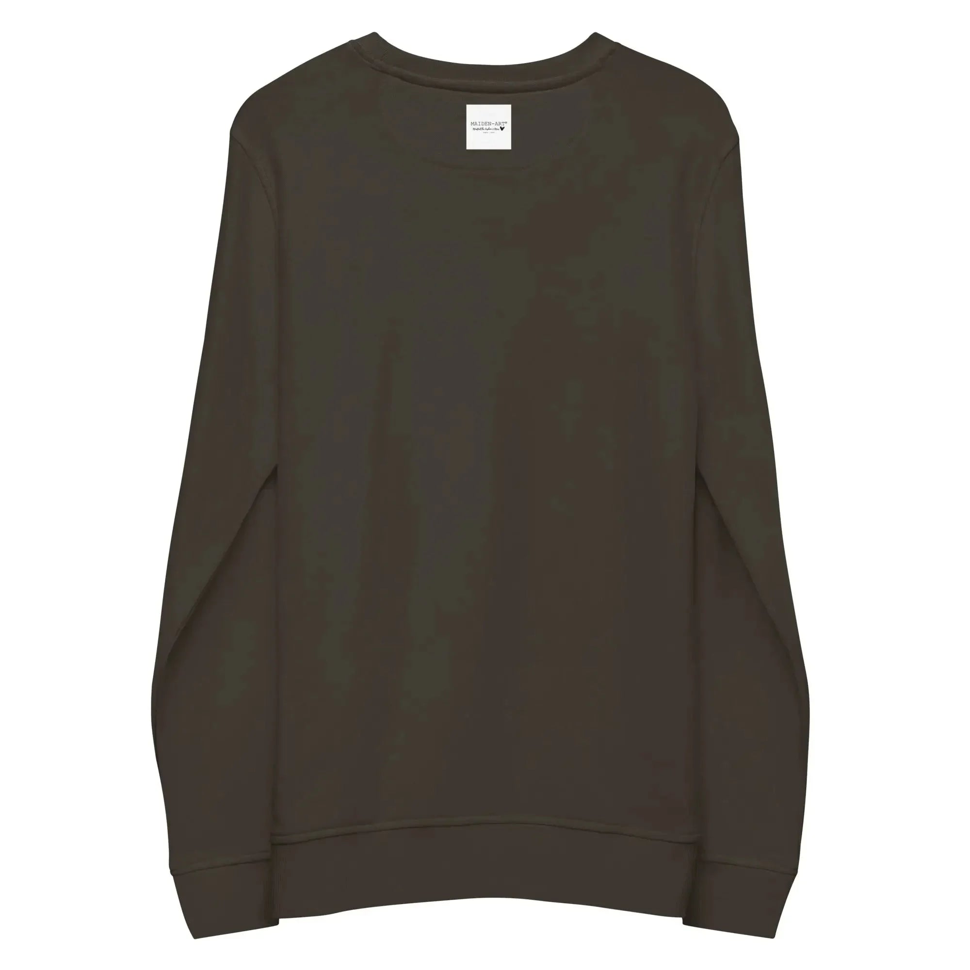 Unisex organic sweatshirt in deep charcoal grey shown from the back with long sleeves