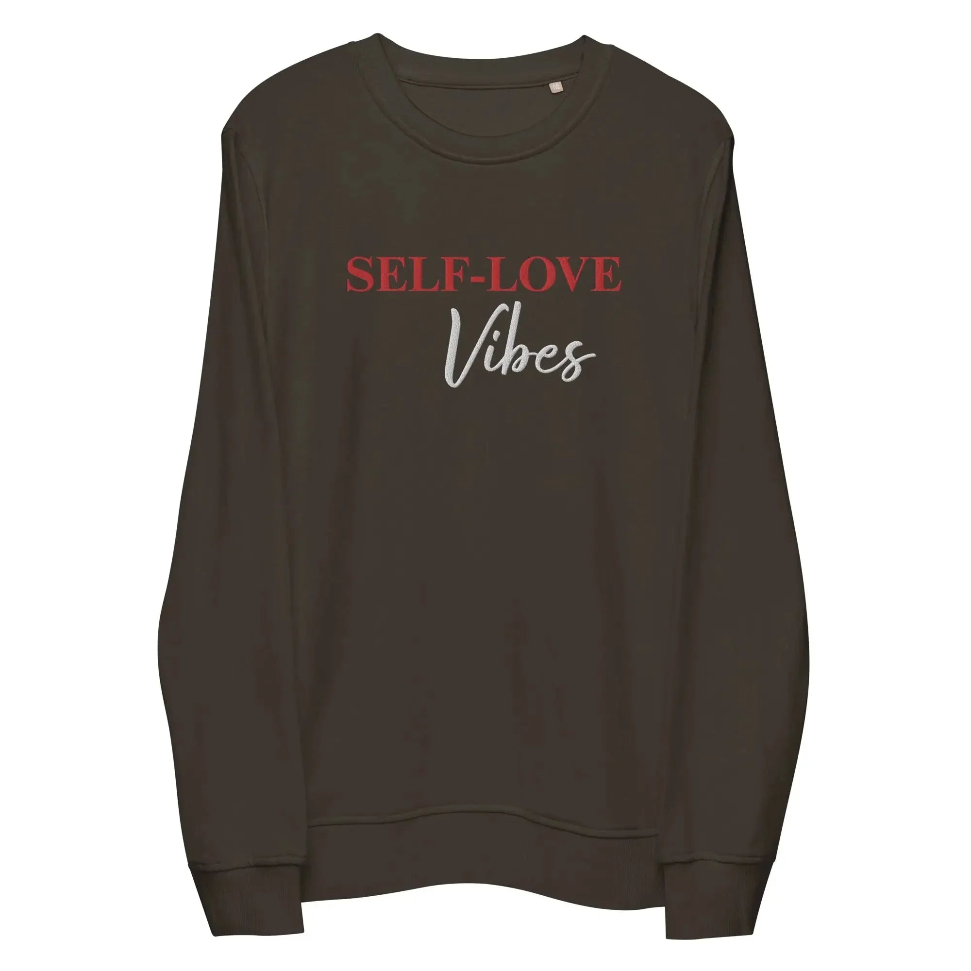 unisex organic sweatshirt in deep charcoal grey with red and white SELF-LOVE Vibes text