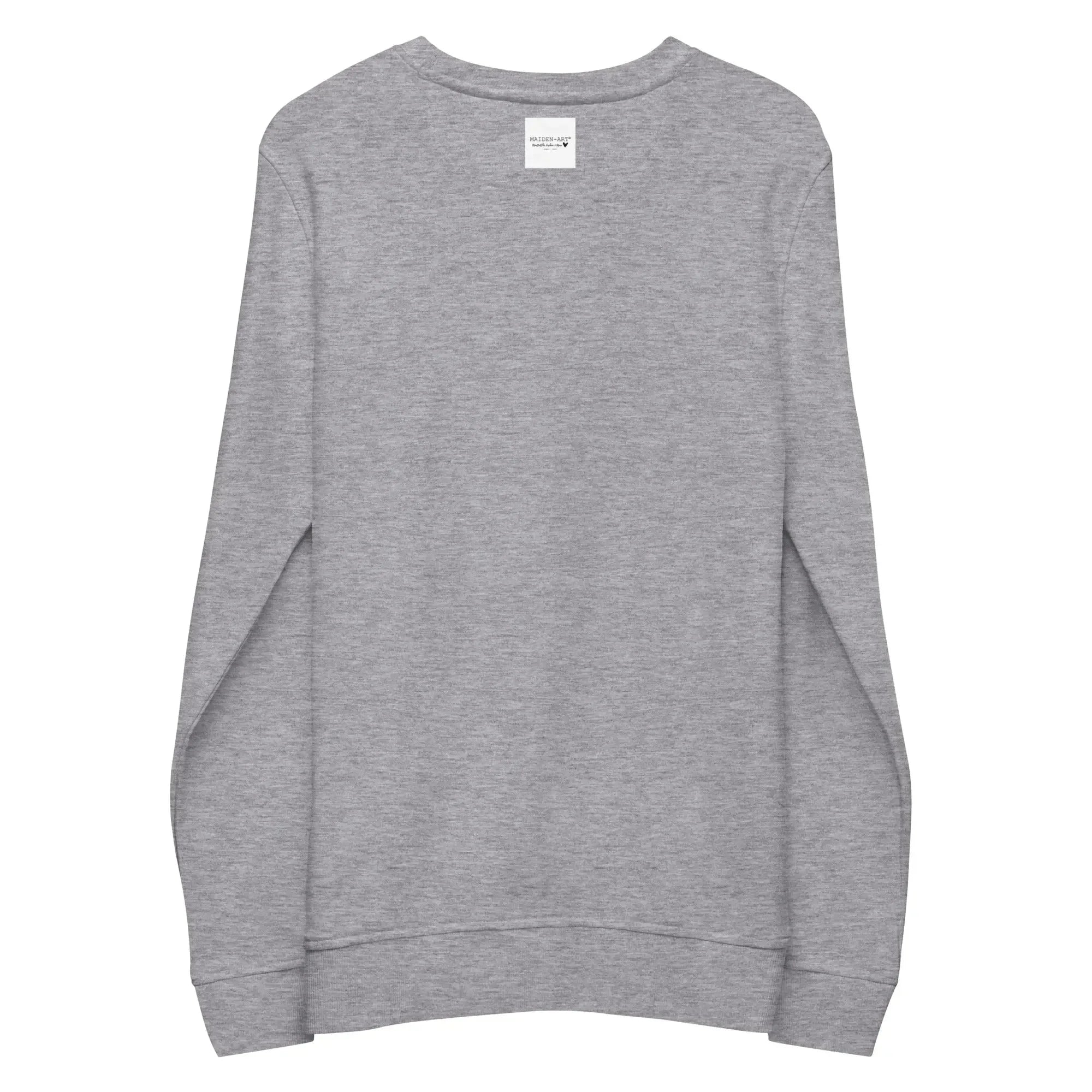 Back view of unisex grey melange organic sweatshirt with long sleeves and crew neck