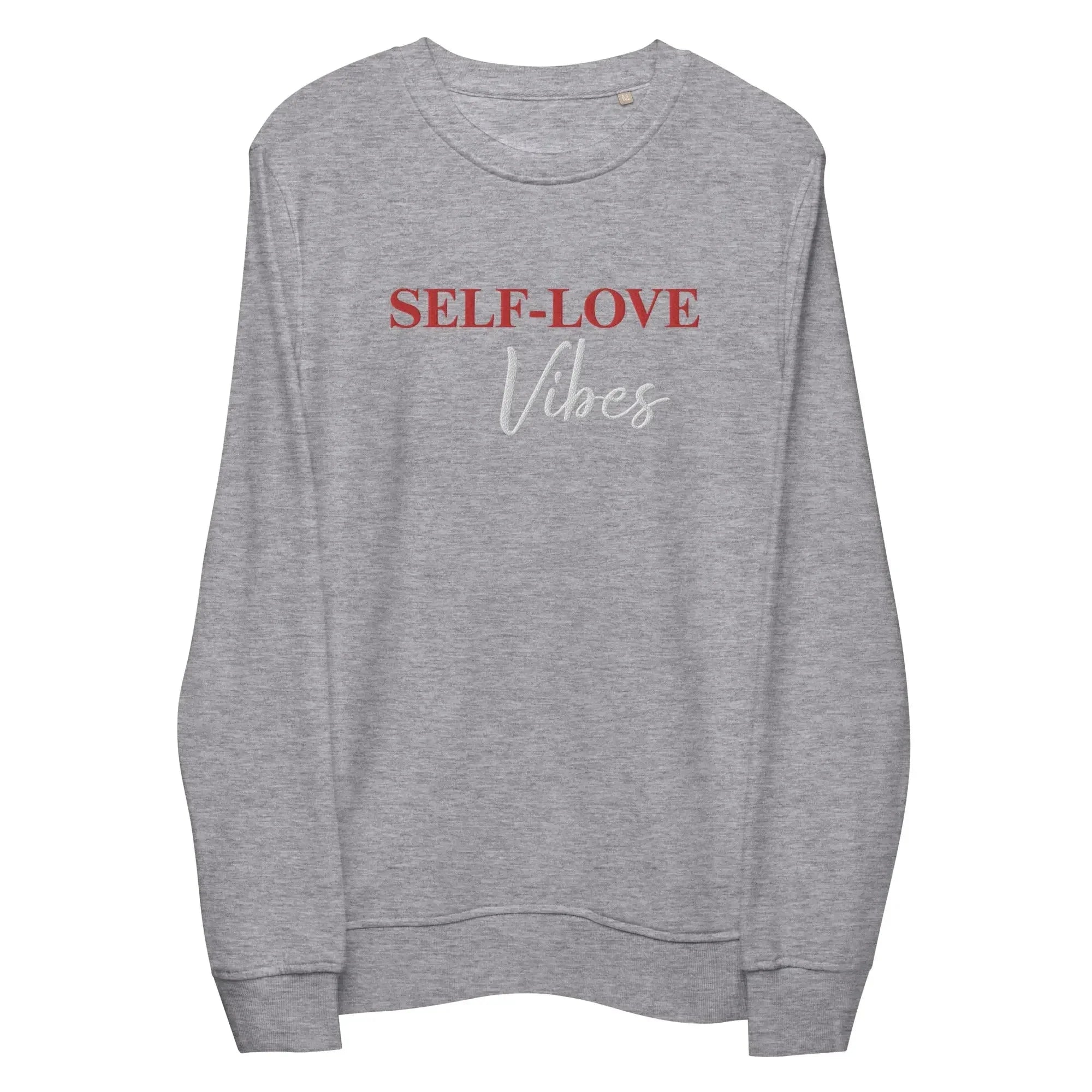 Grey melange unisex organic sweatshirt with red and white Self-Love Vibes text