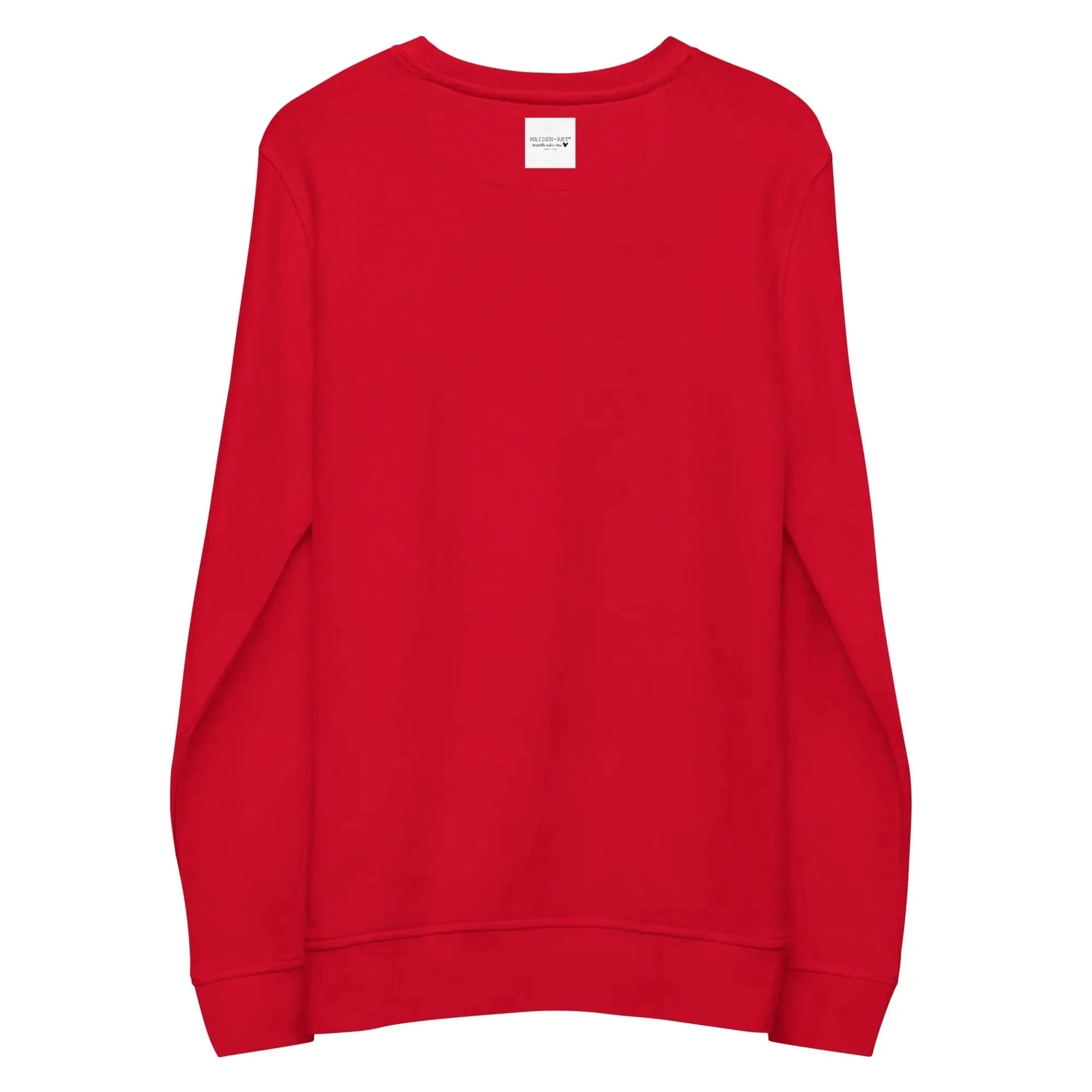 Red unisex organic sweatshirt shown from the back with long sleeves and a small white neck label