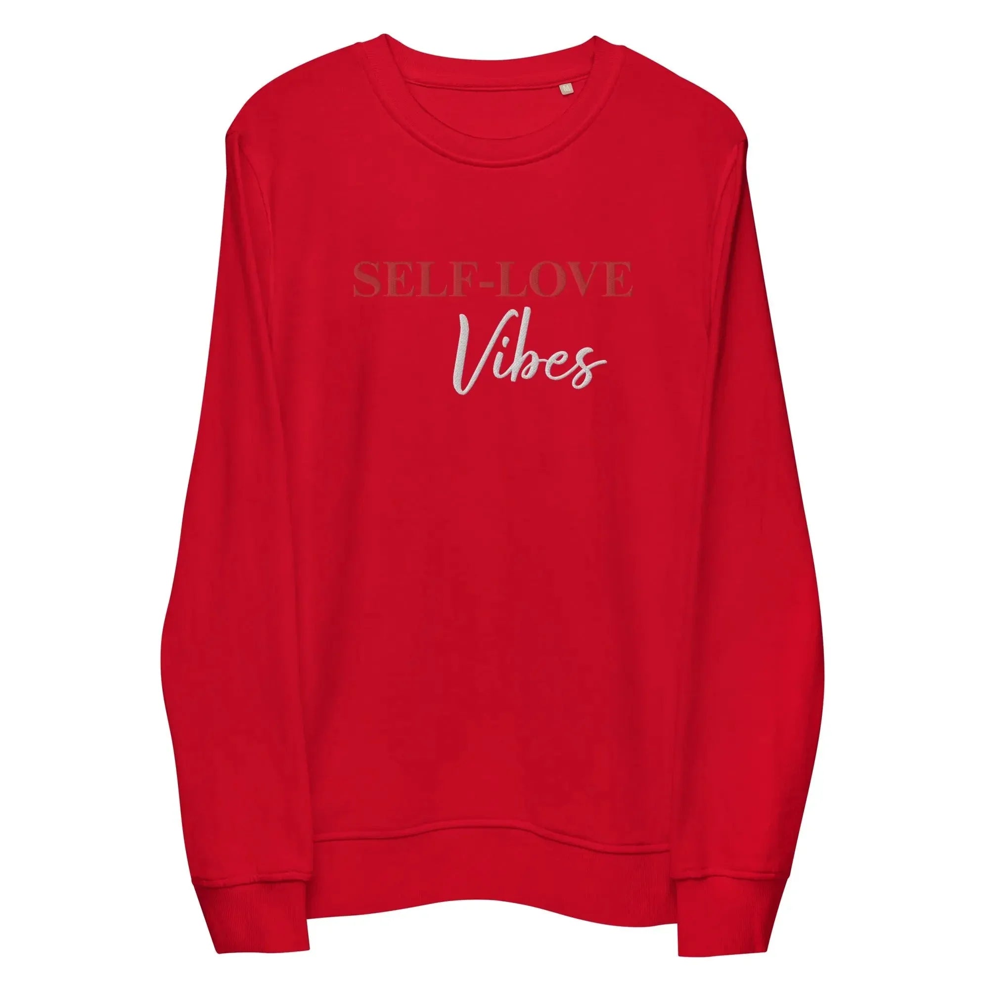 Unisex red organic sweatshirt with "SELF-LOVE Vibes" text print, long sleeves, crew neck
