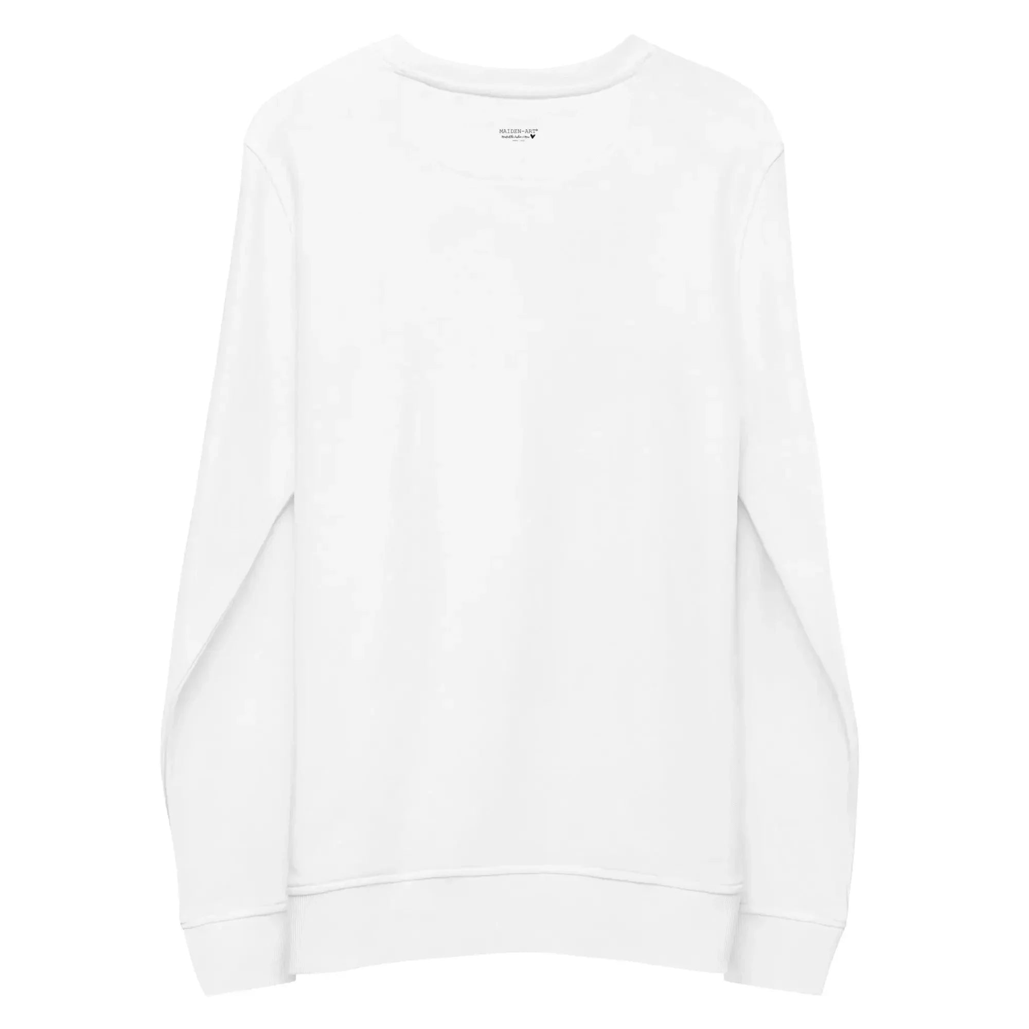 back view of unisex organic white sweatshirt with long sleeves and crew neck