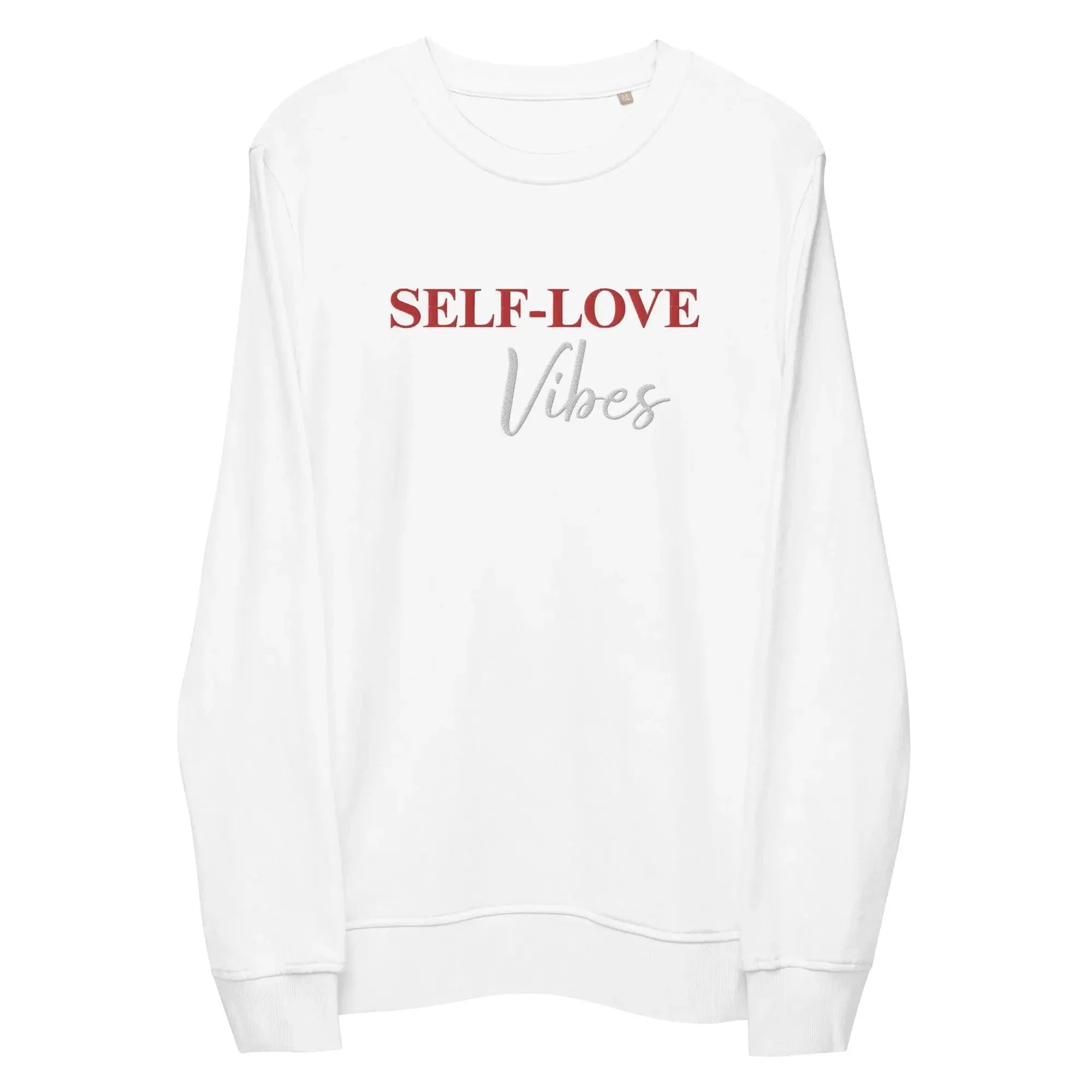 Unisex white organic sweatshirt with red and gray text reading "SELF-LOVE Vibes" on front