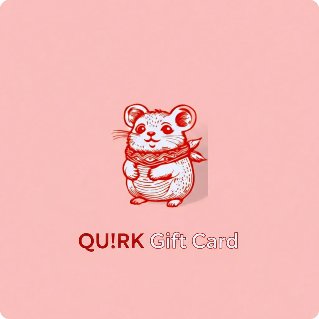 Cute red and white illustrated mouse wearing a scarf on pink background with QU!RK Gift Card text