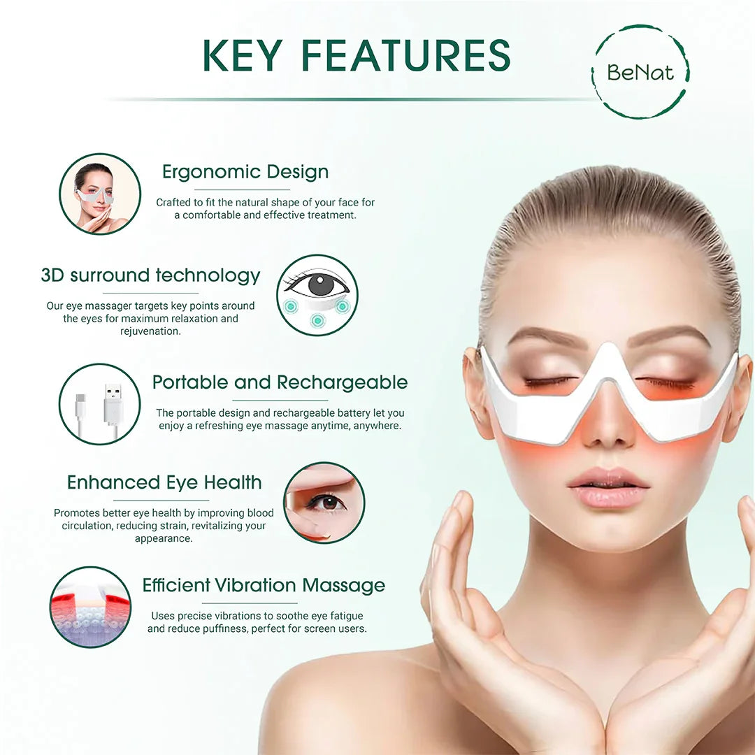 Woman using a BeNat eye massager mask; highlights ergonomic, rechargeable, vibration massage features.